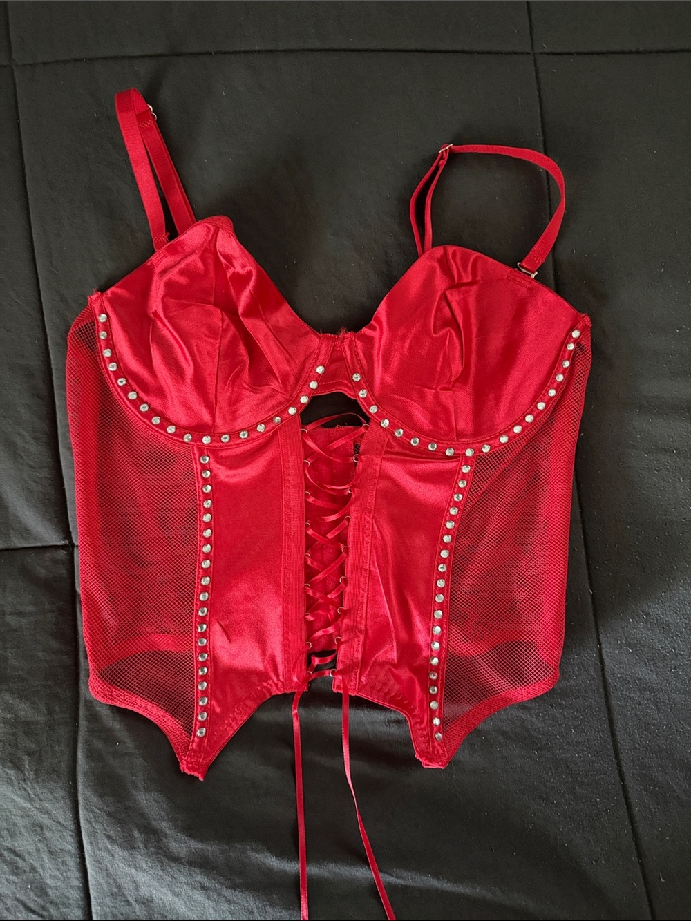 Red Mesh Lace-Up Corset Bustier Top